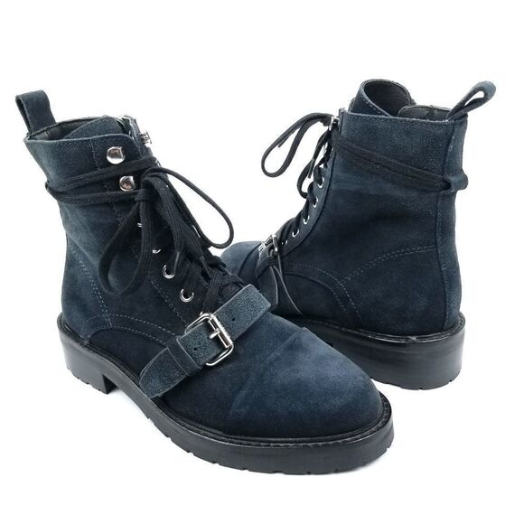 AllSaints Donita Blue Suede Leather Biker Strap Combat Boots 7 90s Moto Grunge - Picture 3 of 13